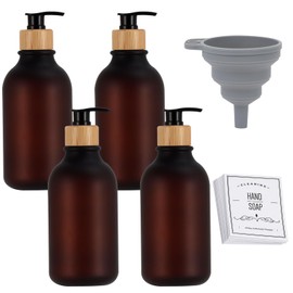 Pack of 4 Plastic Soap Dispensers, 500 ml Empty Shampoo Bottle Bottles, with Labels, Funnel, Soap Dispenser Bottles, Brown Soap Dispenser, Shampoo Dispenser for Liquid Soap, Shampoo, Conditioner,