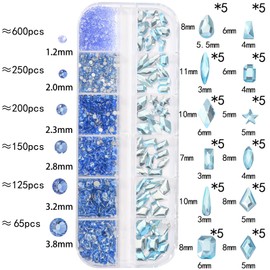 DZHILHMX Nail Rhinestones - 3D Multi Shape Size, Aquamarine Crystals, Flat Back, Gems Rhinestones, for Nail Art