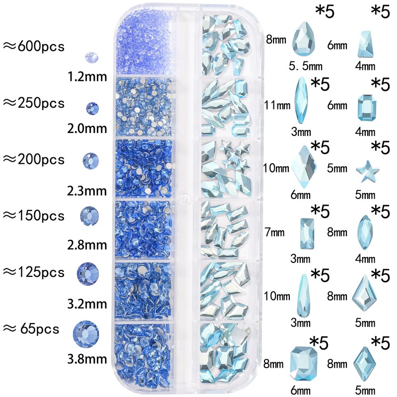 DZHILHMX Nail Rhinestones - 3D Multi Shape Size, Aquamarine Crystals,