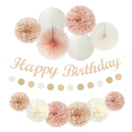 Champagne Rose-Gold Beige Birthday Party-Decorations - 14pcs Happy Banner Boho Lanterns Tissue Pom Poms,Rustic Streamers Garland Fans,Neutral One Sweet Peach Girls Women Hanging Supplies Decor Hugfond