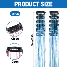 12 Pcs Blue Clip-in Hair Tinsel Extensions Kit, 20 Inch Blue Hair Extensions for Girls and Women, Easy to install, Glitter Hair Accessories for Party, Festival, Cosplay, Valentine's Day, Halloween