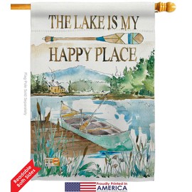 Breeze Decor Lodge Lake is Happy Place Garden House Flags Kit Outdoor Rustic Cabin Moose Wildlife Adventure Forest Small Decorative Gift Yard Banner Double-Sided Made in USA 28 X 40