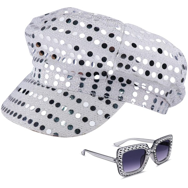 Yotako 2pcs 70s Disco Hat Set, Sequin Hat, Disco Costume Set with Sequined Square Bling Sunglasses, Silver Glitter Abba Hats Costume Accessories Kit for Adult Women Girls Retro 70 Theme Dance Party