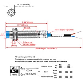 Heschen M12 Inductive Proximity Sensor Switch Non-Shield Type LJ12A3-4-J/DZ Detector 4mm 90-250VAC 400mA Normally Closed(NC) 2 Wire