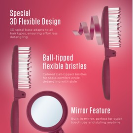 Mini Detangler Travel Hair Brush with Mirror, Makaron Hair Brushes for Women, Men and Kids, Unique 3D Flexible Design for All Hair Types, Styling Accessory, Travel Essentials for Women (DARK DAMSON)