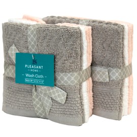 Pleasant Home Chevron Wash Cloths Set - 12 Pack (12” x 12”) – 509 GSM - 100% Ring Spun Cotton Wash Cloth - Super Soft and Highly Absorbent Face Towels (Light Grey, White & Pink)