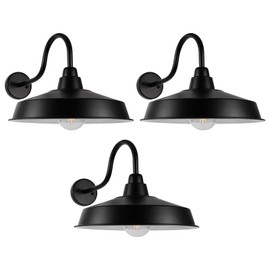 Diyel Gooseneck Barn Light Outdoor, 16 Inch Dome Large Farmhouse Exterior Light Fixture Wall Mount, Industrial Outdoor Wall Sconce Outside for House, Shop, Front Porch, Garage, Entryway, Black, 3 Pack