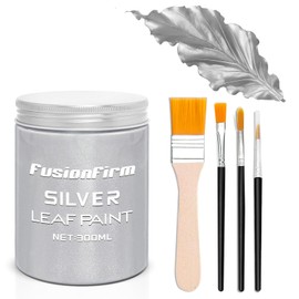 Acrylic Paint Metallic Silver, 300ml Liquid Silver Leaf Paint, Hand-crafts, Non-Toxic, Non-Fading Water for Craft, Canvas, Wood, Fabric, Ceramic, Stone, with 1 Brush & 3 Paintbrushes