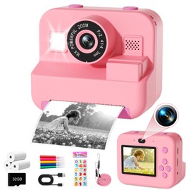 GKTZ Instant Camera for Children - Birthday Gift for Girls Aged 4 5 6 7 8 9 10 Years, Toy with 3 Rolls Photo Paper 1080P Camera Children's Camera with Printing Paper - Pink