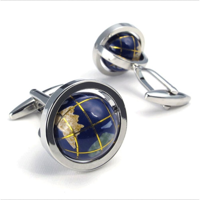 LBFEEL Really Spins Rhodium Plated Blue Globe Earth Cufflinks for