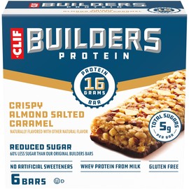CLIF BUILDERS Protein Bars - Crispy Almond Salted Caramel - Reduced Sugar - Gluten Free - 16g Protein - No Artificial Sweeteners - 1.97 oz. (6 Pack)