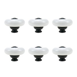 Tsnamay 6 Pieces White Ceramic Knob Kitchen Door Cabinets Cupboard Single Hole Pull Handles with Screws,1.26inch/32mm Dia. White+Black Point