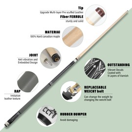 LING LI TE LLT 58-Inch 2-Piece Maple Pool Cue Stick, 18oz-21oz, Leather Case (21oz)