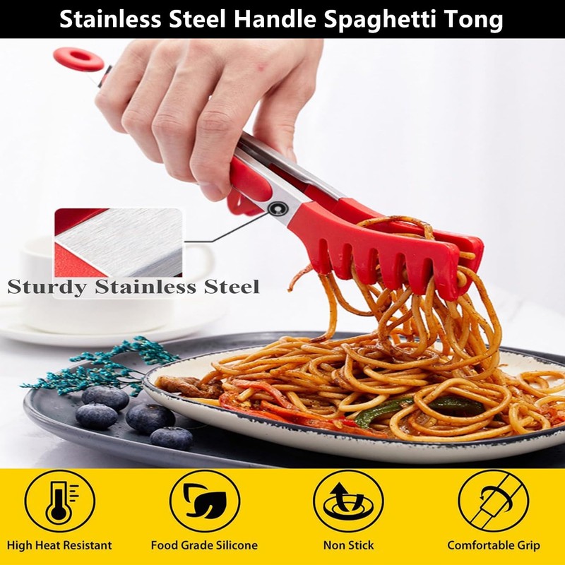 Upgraded Silicone Spaghetti Spoon & Pasta Tong,Non-stick Sturdy Pasta Fork