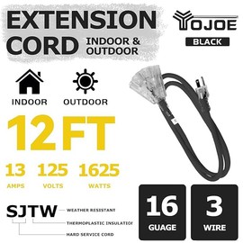 YOJOE Lighted 12 ft Black Outdoor Extension Cord Multiple Outlets 3 Prong - 16/3 SJTW 3 Outlet Extension Cord Waterproof, Power Extension Cable for Outdoor Decorations Lights, Appliances - UL Listed