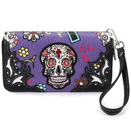 Sugar Skull Western Cross Clutch Wallet Day of the Dead Wristlet Purse Calavera (Purple) One Size