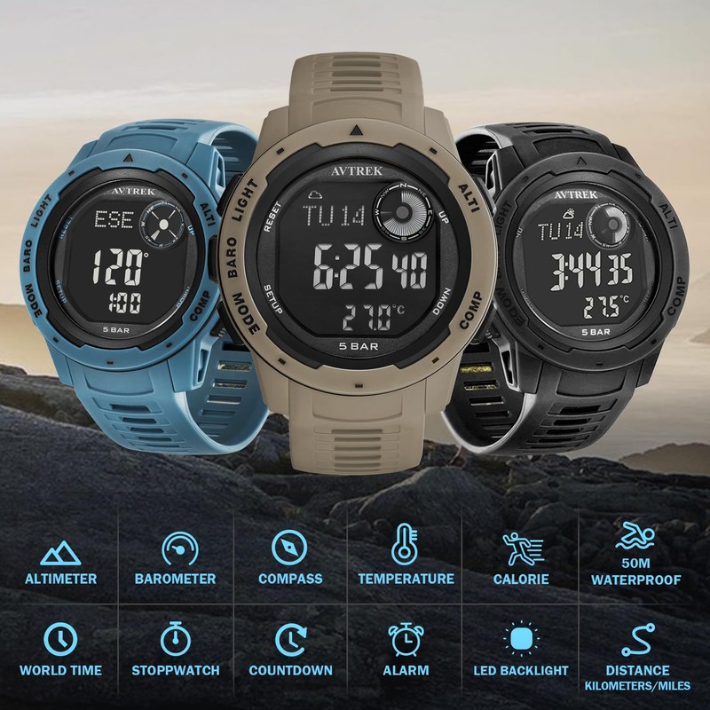 AVTREK Sport Watches for Men, 50m Water Resistant, Altimeter, Barometer,