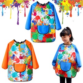 Nivofu 2PCS Kids Art Aprons for Age 7-12 Years Girls Boys, Waterproof Graffiti Painting Aprons Long Sleeves with Pockets, Kids Painting Smock Toddler Children, Play Apron for Painting, Craft, School
