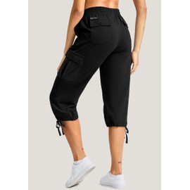 SANTINY Womens Cotton Cargo Capris Soft Stretch Drawstring Travel Casual Capri Pants for Women with 6 Pockets(Black_S)