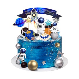 Ayearparty - 32 piezas de decoración de tartas espaciales para decoración de tartas espaciales, cifras de astronauta, estrellas de planeta, cohete y bolas de perlas satélite, decoración de pasteles para niños, cumpleaños, baby shower, suministros de fies