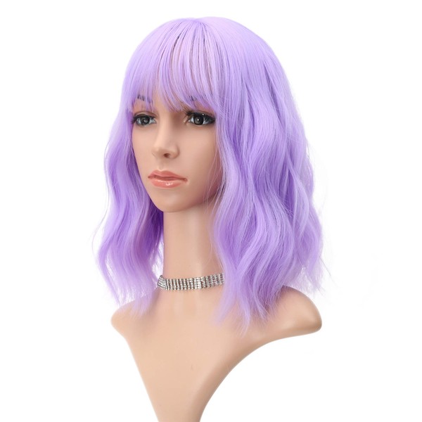FAELBATY Wavy Wig Short Purple Wigs With Air Bangs Shoulder Length Wig For Women Curly Wavy Synthetic Halloween Cosplay Wig for Girl Costume Wigs (12" Purple Color)