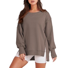 ANRABESS Women's Oversized Sweatshirt Crew Neck Long Sleeve Casual Slit Pullover Top Fall 2025 Teen Girl Preppy Clothes Brown L