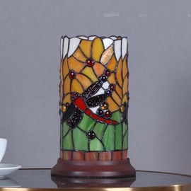 Bieye L10650 Dragonfly Tiffany Style Stained Glass Mini Table Lamp with Cylindrical Shade, 10 inch Tall