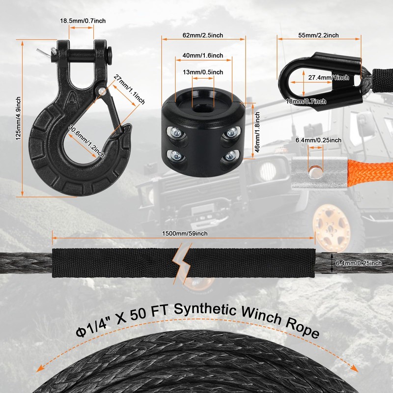 Aomifunny Synthetic Winch Rope,1/4" x 50 ft 10000Lbs Winch Rope
