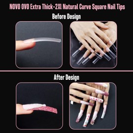 NOVO OVO XXL Curved Sharp Square Nail Tip, Extra Thick Natural Curve False Nails Press on, Full and Half Cover Soft Gel Extension Fake Nail Acrylic kit with French Tip Auxiliary Line x 15 Size 240pc