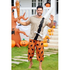 Arvilhill 3 Pcs Man Bam Funny Costume Adult Caveman Cartoon Characters Cosplay Outfit for Theme Party Classic Shirt Orange Jagged Hem Pants L