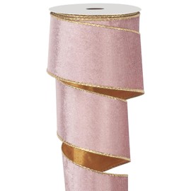 Wired Velvet Ribbon for Christmas Tree, Pink Velvet Christmas Ribbon for Gift Wrapping, 2.5 inch×10 Yards Wide Pink and Gold Ribbon for Ornaments, Wreaths, Crafts, Topper Bow, Wedding Decoration