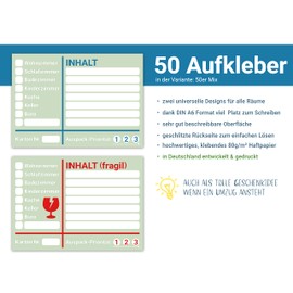 Universal XL Moving Stickers for Labelling Moving Boxes, Moving Labels for Better Organisation when Moving - Coloured Sticker Labels for More Overview (Mix of 50)