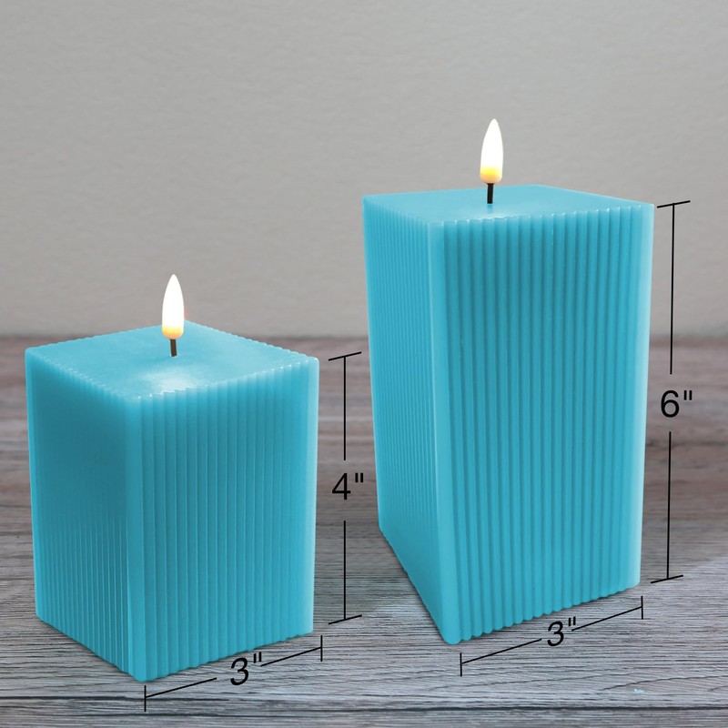 Girimax Turquoise Blue Square Ribbed Flameless Candles with Remote, Flickering