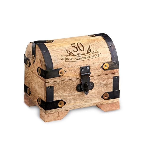 Casa Vivente Kleine Schatztruhe zum 50. Geburtstag, Schmuckkästchen mit Gravur, Aufbewahrungsbox aus hellem Holz, Verpackung für Geldgeschenke