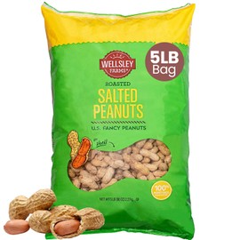 Wellsley Farms Salted and Roasted Peanuts In Shell - USA Grown Whole In Shell Peanuts - Non-GMO, Gluten-Free, Vegan and Cholesterol Free - Shell-Cracking Snack for Game Day, BBQ & Travel - 5 lb Bag
