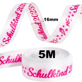 BOFUNX Schulkind 2025 Ribbon Gift Ribbon Pink Satin Ribbon for School Cones Sugar Cones First Day of School Gifts Decorative Ribbon 5 m Long 16 mm Wide