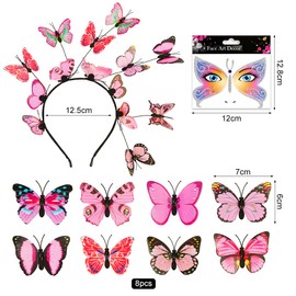 Butterfly Headband, Pink Butterfly Headpiece, 1 Butterfly Headband + 8 Hair Clips, Butterfly Costume Accessory Set, Fancy Dress Butterfly Women's Hair Accessories Carnival Headband