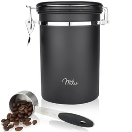Milu Airtight Coffee Canister, 500 g, 700 g, Coffee Bean Container, Stainless Steel Storage Jars, Vacuum Coffee Box with Coffee Spoon (Black, 700 g)