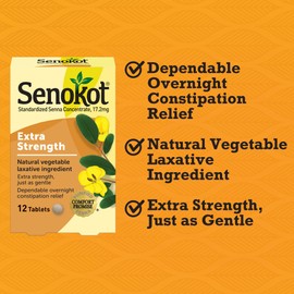Senokot Extra Strength Natural Vegetable Laxative Ingredient Tablets, Senna Concentrate, Double-strength for Gentle, Overnight Relief From Occasional Constipation, 12 ct