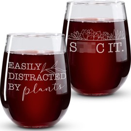Plant Gifts for Plant Lovers - “Easily Distracted By Plants” “ Succ It” 2PC Wine Glass Set - Funny Plant Lover Gifts - Crazy Plant Lady Gifts - Cool Gifts for Plant Lovers - Unique Plant Mom Gifts