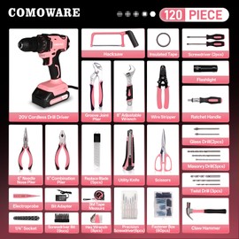 COMOWARE Pink Tool Box with 20V Drill, 120 Pcs Pink Tool Set, Tool Kit for Home, Pink Drill Set for Women, Power Tool Combo Kits with 2.0 Ah Li-ion Battery & Charger, 25+1 Clutch