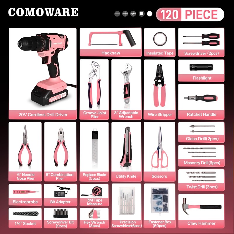 COMOWARE Pink Tool Box with 20V Drill, 120 Pcs Pink