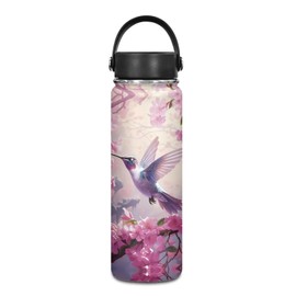 ZOUTAIRONG Hummingbird Insulated Water Bottle 18 oz for Girls, Flower Water Bottle Reusable Stainless Steel Sports Water Jug Flask with Handle, Wide Mouth Mug for Outdoor Biking Pink