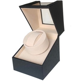 Ausugar Single Watch Winder for Automatic Watches, Super Quiet, in Wood Shell and Black Leather/Carbon Fiber Leather, Japanese Motor (Black Ostrich Print)