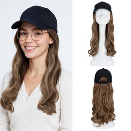 SEGO Hat Wig, Hat with Hair Attached for Women Black Baseball Cap with Hair Extensions, Long Wavy Baseball Cap Wig Adjustable Hats for Daily Party 16 Inch #12P24 Light Brown Mix Blonde