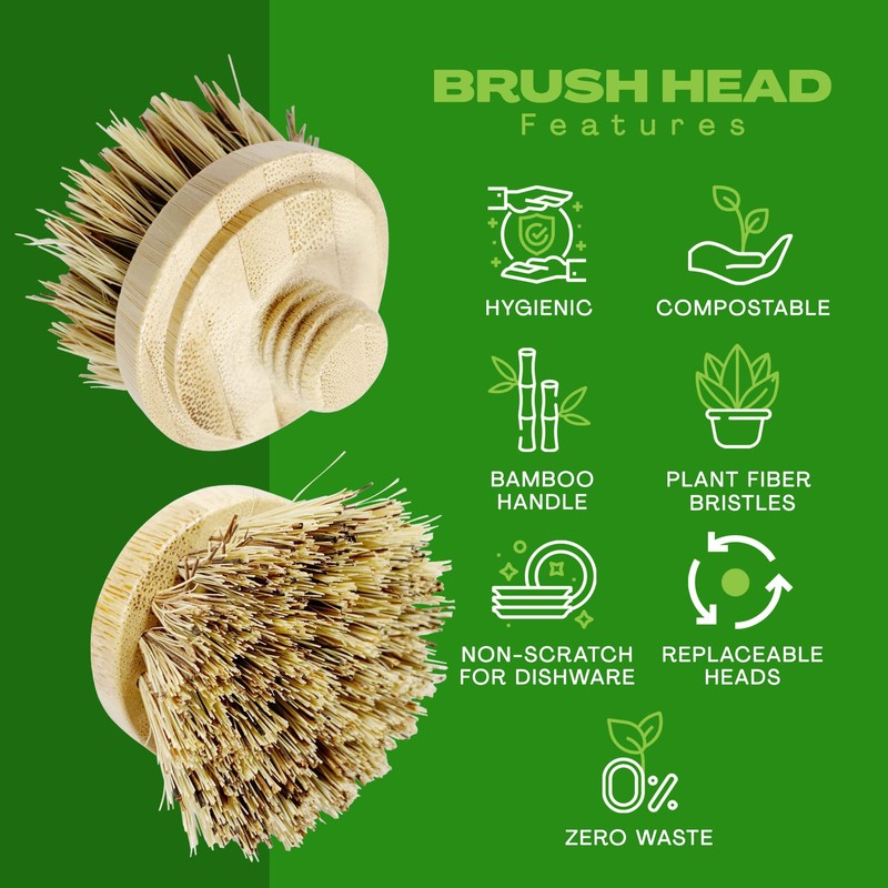 JuneLily Sisal & Coconut Dish Brush Heads Plant-Based Replacement for