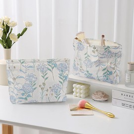 Makeup Bag for Women Girls, Large Blue Dandelion Floral Cosmetic Bag for Purse, Cute Flower Canvas Travel Toiletry Bag Organizer, Aesthetic Makeup Pouch Cosmetic Pouch with Zipper