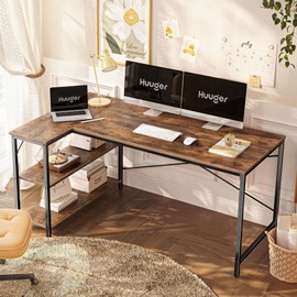 Huuger L Shaped Desk, 55 Inches Computer Desk with Reversible Storage Shelves, for Gaming Corner Home Office Writing Study, Metal Frame, Rustic Brown