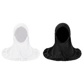 YJZQ Girls' Muslim Headscarf, Soft Hijab, Breathable Headwear, Elastic Islamic Hijab with Ruffled Lace, Foldable Arabic Headpiece for 2-6 Years Old, Black + white