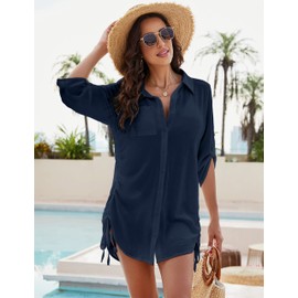 Blooming Jelly Womens Bathing Suit Cover Ups Bikini Swimsuit Coverup Drawstring Beach Dress Shirt(2XL,Deep Blue)